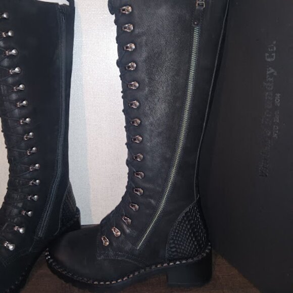Vintage Foundry Co Size 8 Henrietta Black Leather Tall Boots Lace Zip up - Picture 1 of 5